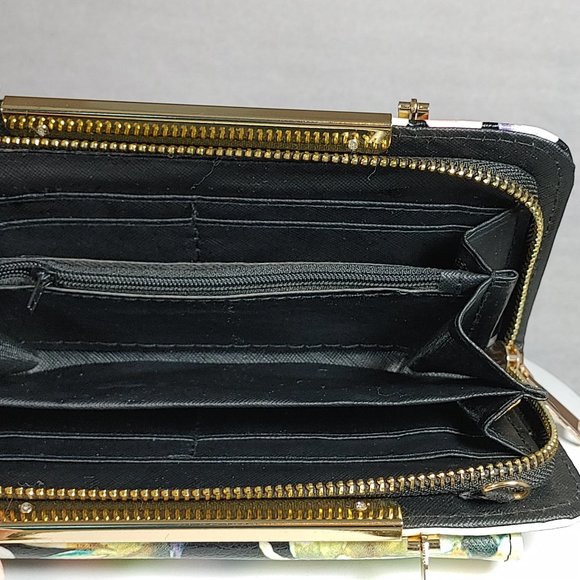 Black Floral Clutch Wallet Purse Handbag Metal Handles w Crossbody Chain Strap - Picture 6 of 9